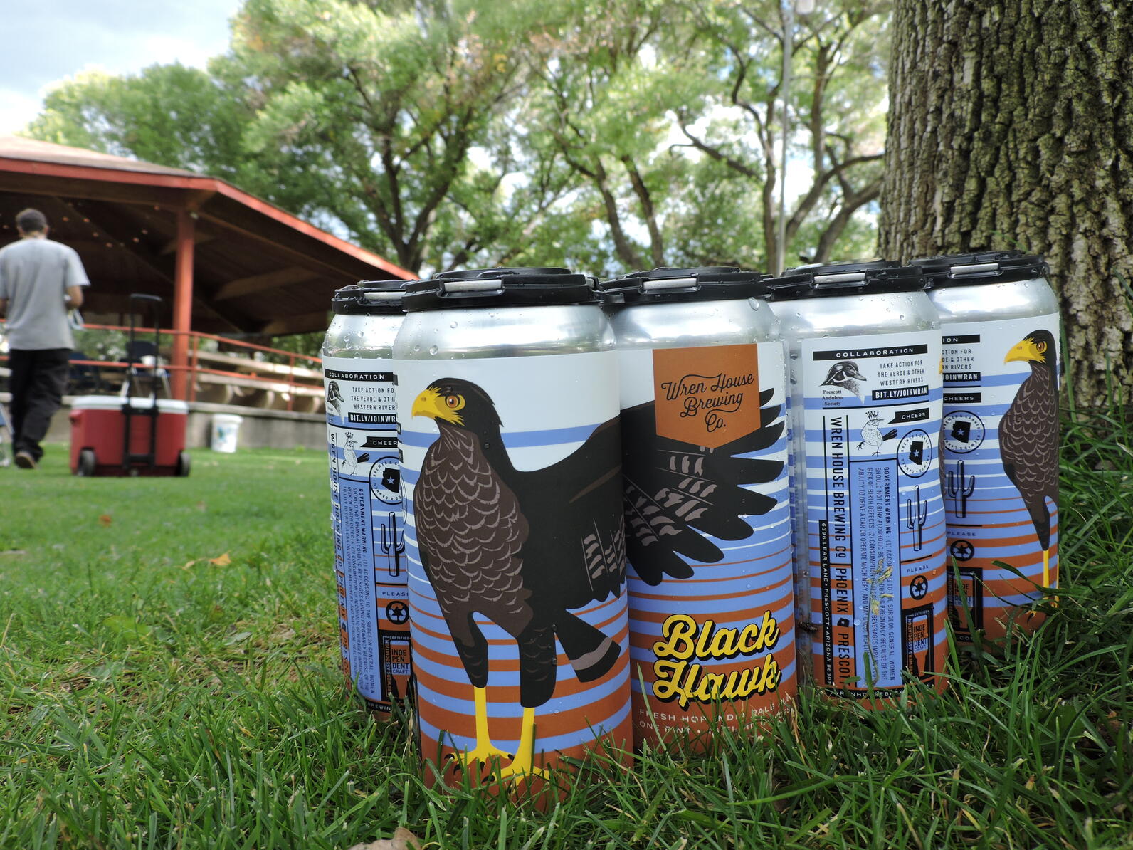 A four pack of Black Hawk IPA sits in the grass beside a large tree.  In the background, Prescott Audubon volunteers can be seen setting up for the evening's event.