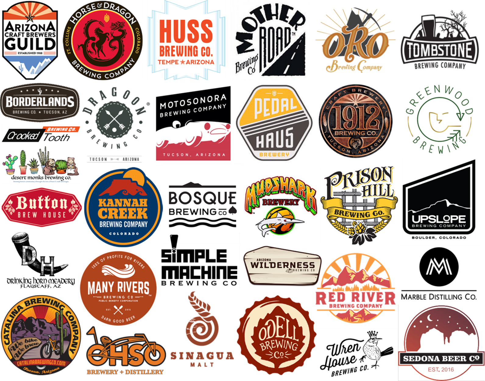A collection of the logos of all 32 Western Rivers Brewers' Council members.