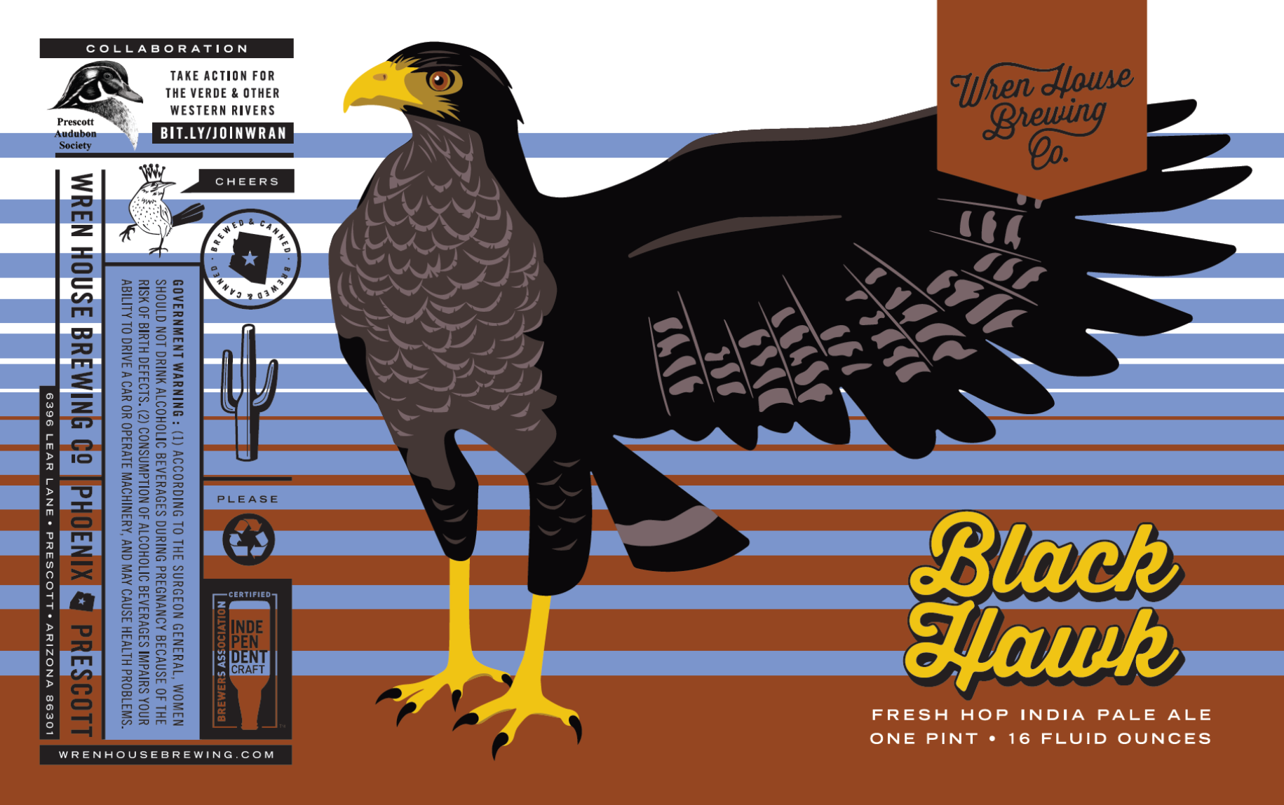 Wren House's Black Hawk Fresh Hop IPA can label: a large stylized Common Black Hawk stands next to the brew name with it's left wing outstretched against a burnt orange and blue background.