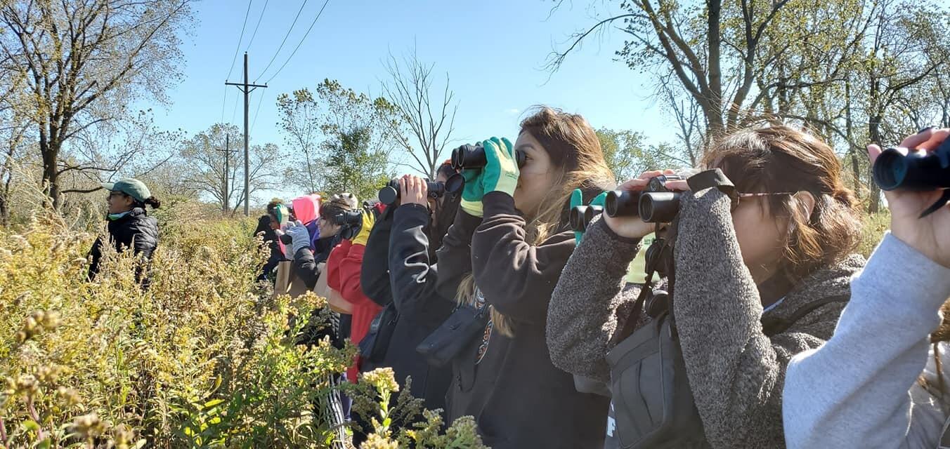 With Carina Ruiz in the lead, a group of young birders look intently through binoculars under clear blue skies.