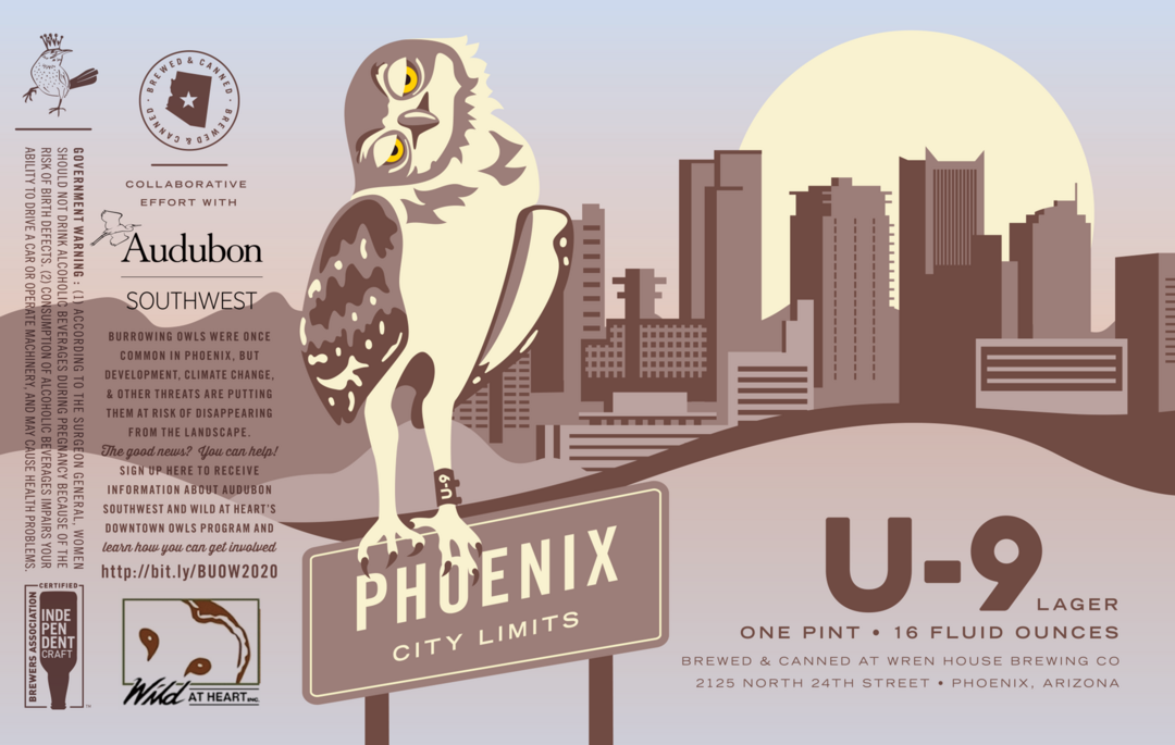 Burrowing Owl against a Phoenix skyline - the label for Wren House Brewing Company's U-9 Lager.