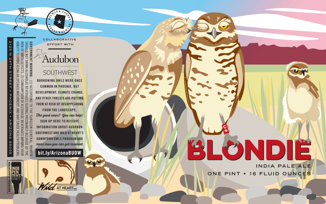 The label of Wren House Brewing Company's U-9 Lager featuring U-9 with his green identifying leg band, Blondie with her pale plumage, and a clutch of owlets clustered at an artificial burrow.
